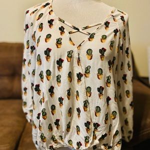 White Cactus Western Blouse With criss cross v-neck